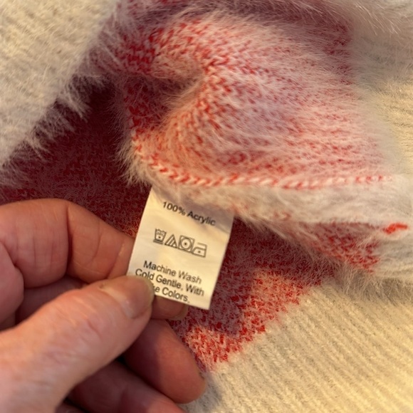 Red and White Snowflakes Eyelash Yarn High Crewneck Super Soft Pullover Sweater - Picture 11 of 11